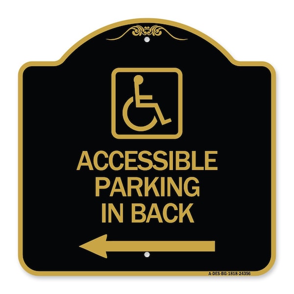 Accessible Parking on Left Arrow W/ Graphic, Black & Gold Aluminum Sign, 18" x 18", BG-1818-24356